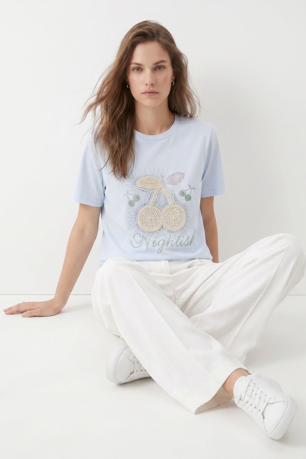 Kadın Tişört-Taşlı Kiraz Desenli Crop Tişört 26750 Mavi -rulem