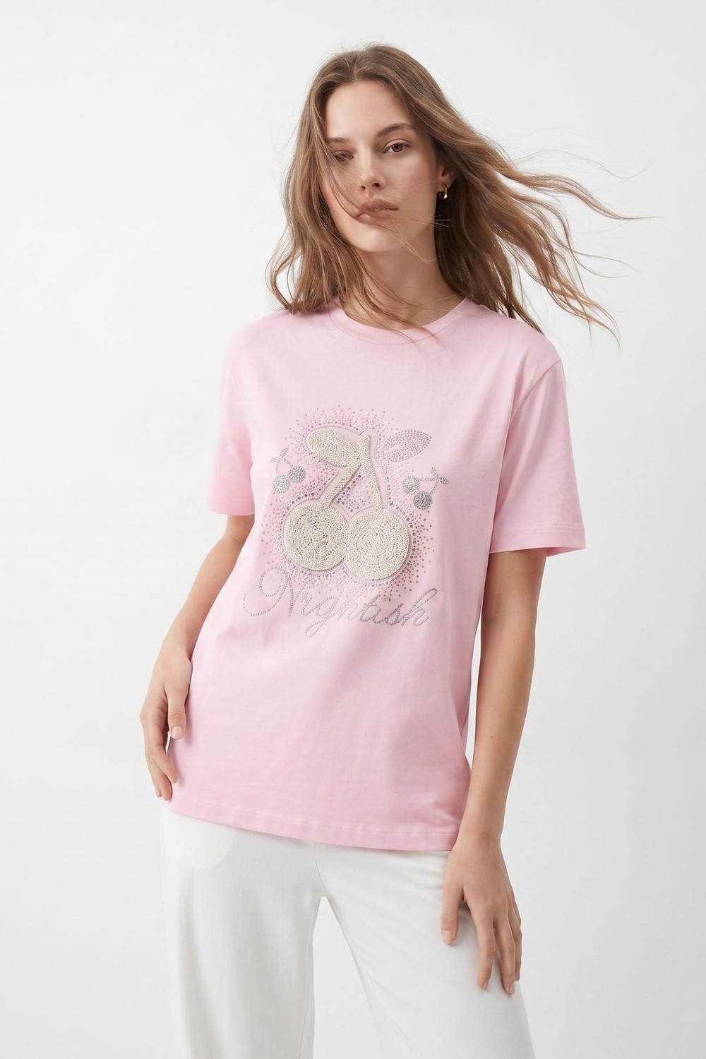 Kadın Tişört-Taşlı Kiraz Desenli Crop Tişört 26750 Pembe -rulem