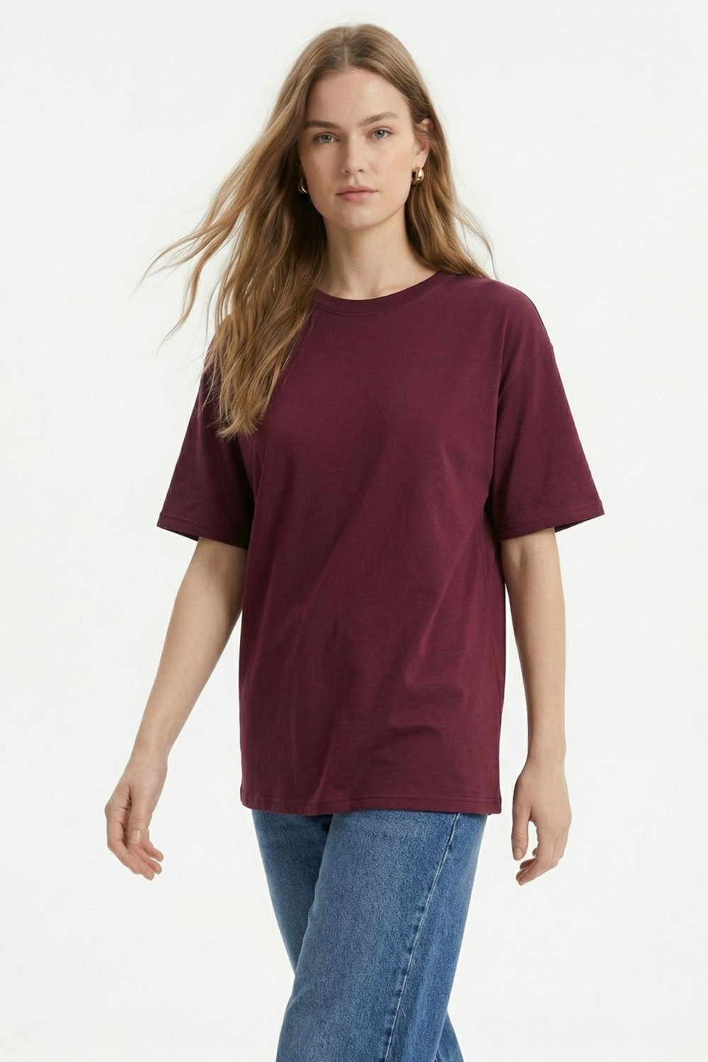 Kadın Tişört-TCR-1633 Oversize Tişört Bordo-rulem