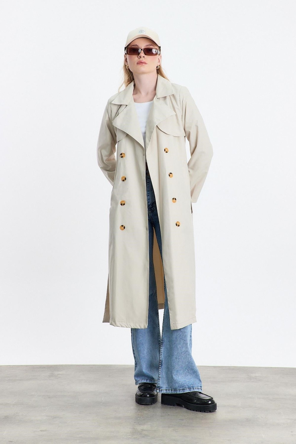 Kadın Trençkot-Parçalı Trençkot 4104A Taş -rulem