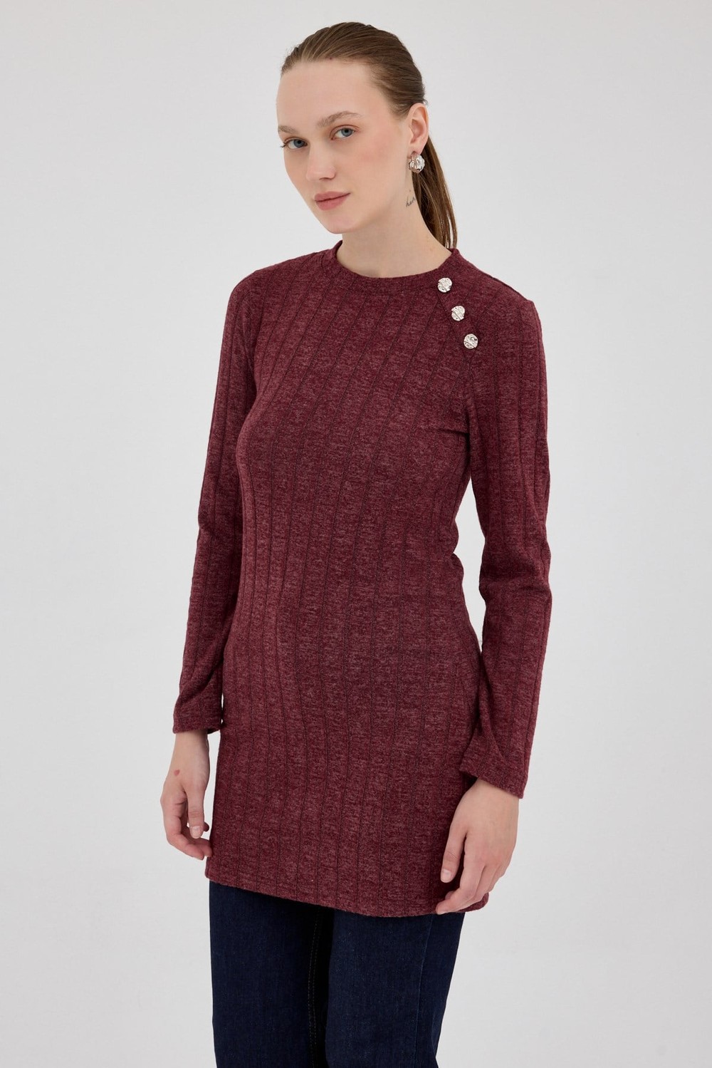 Kadın Tunik-Bordo Düğme Detaylı Çizgili Triko Tunik 8132A-rulem