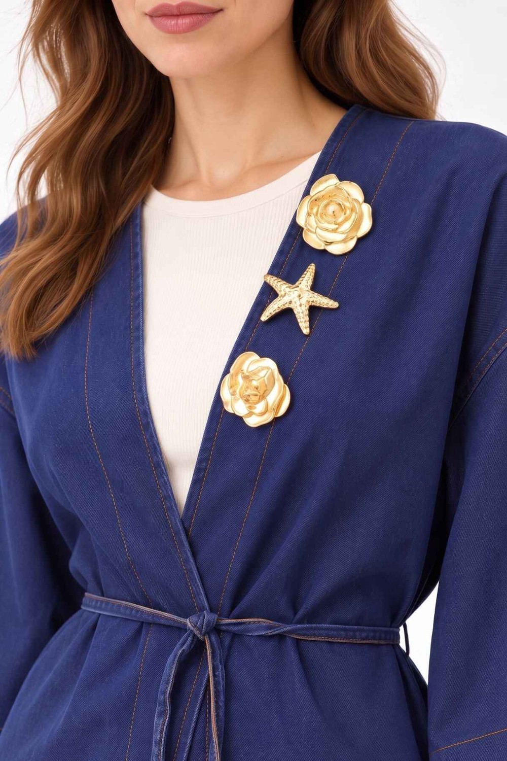 Kadın Üst Giyim-Kadın Kimono-Deniz Kabuğu Detaylı Uzun Kot Kimono 3530 Koyu Mavi-rulem