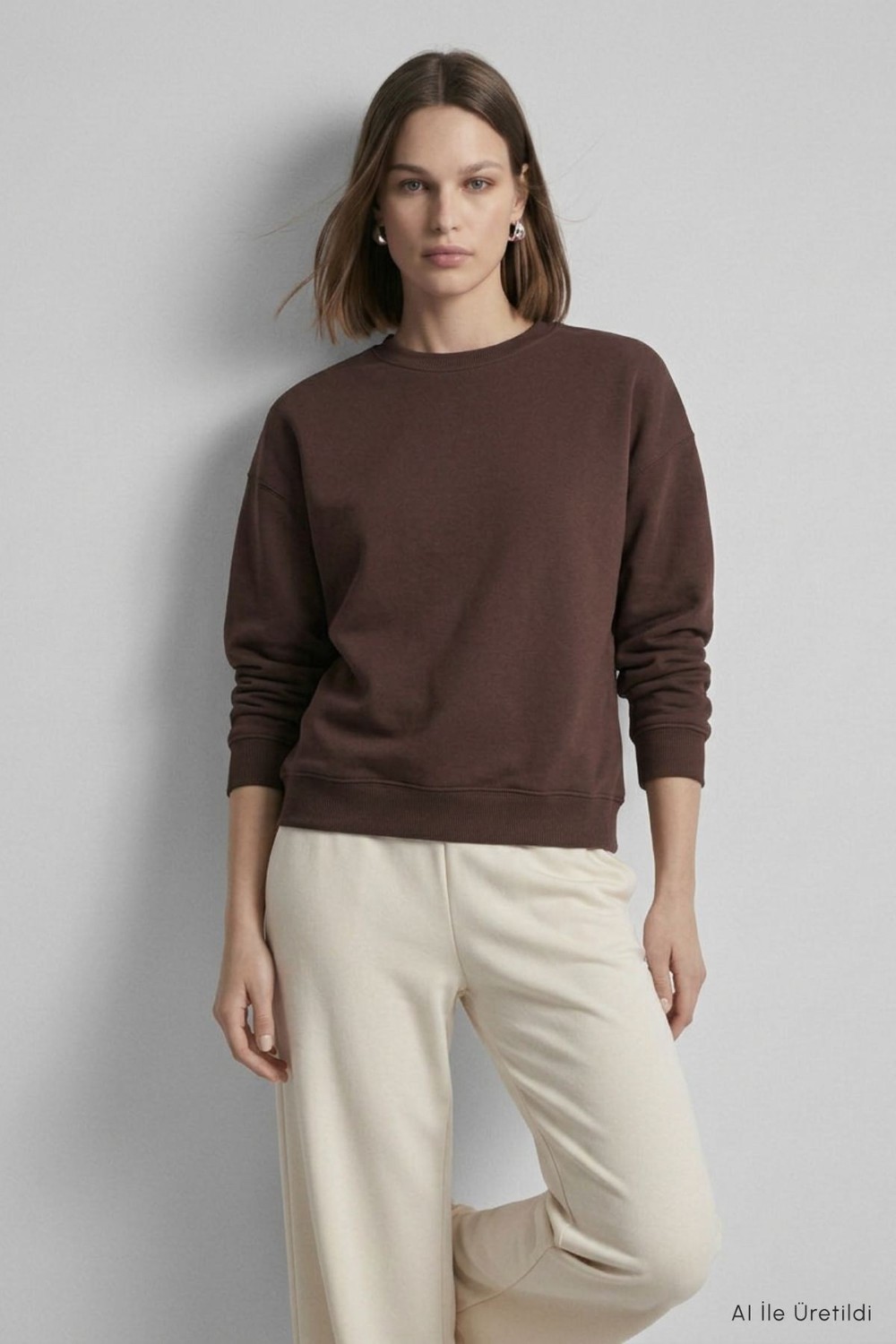 Kadın Üst Giyim-Kadın Sweatshirt-Bisiklet Yakalı Basic Oversize Sweatshirt 954 Kahve-rulem
