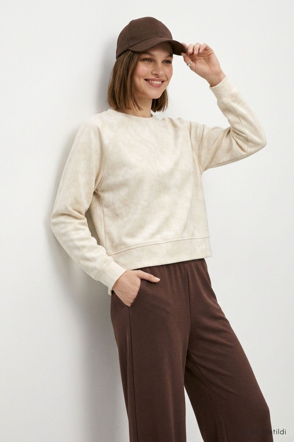 Kadın Üst Giyim-Kadın Sweatshirt-Bisiklet Yaka Kısa Sweat 3268A Ekru-rulem