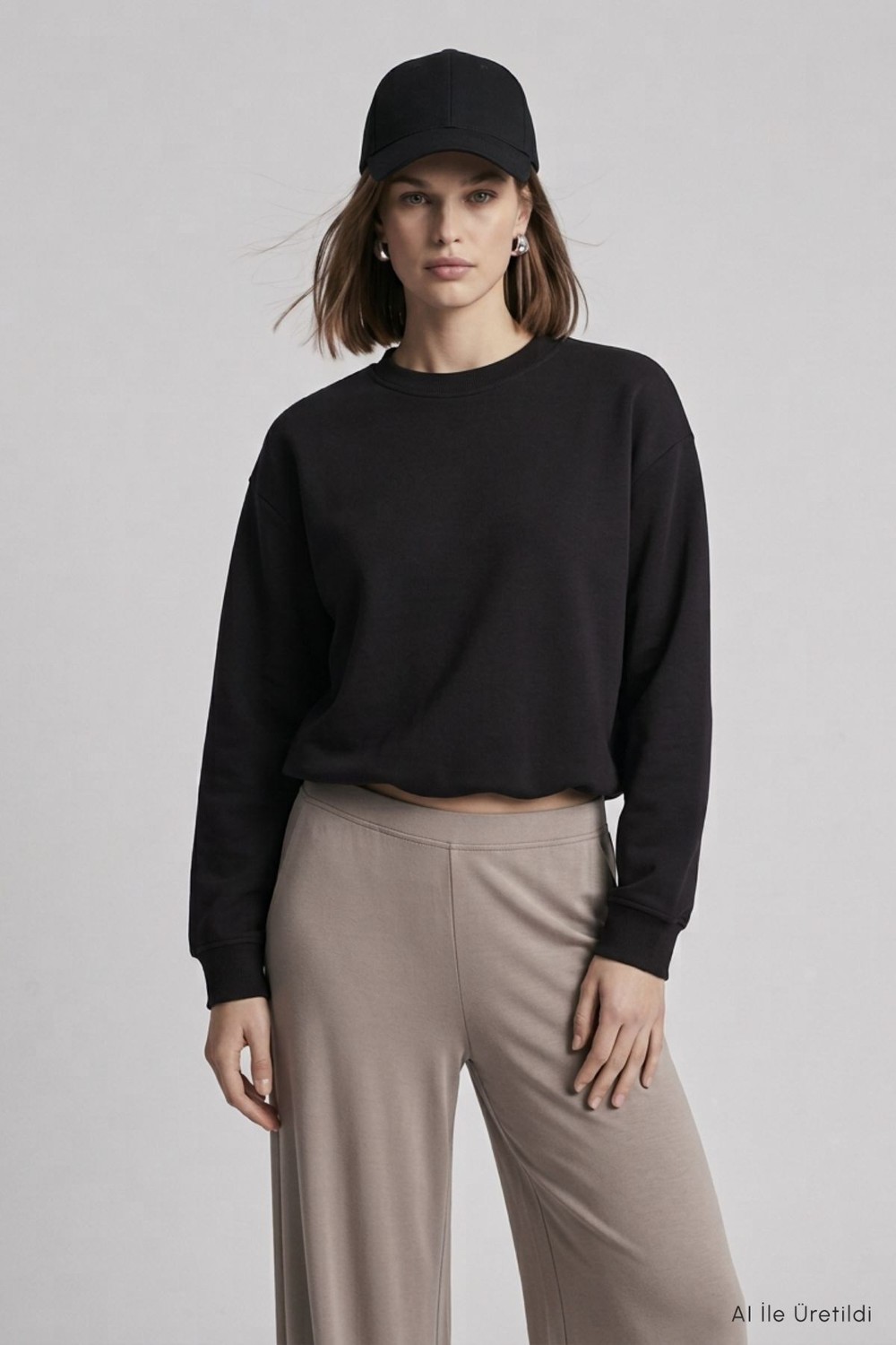 Kadın Üst Giyim-Kadın Sweatshirt-Yarasa Kollu Beli Lastikli  Crop Sweatshirt 979 Siyah-rulem