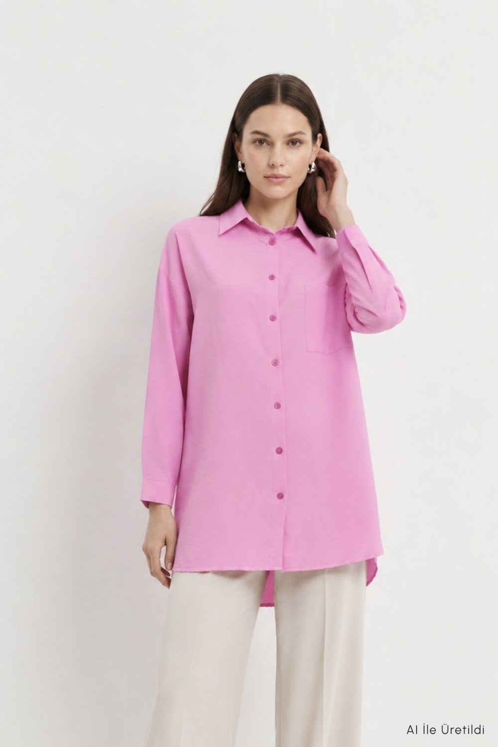 Kadın Üst Giyim-Kadın Tunik-Cep Detaylı Düğmeli Tunik 8700 Pembe-rulem