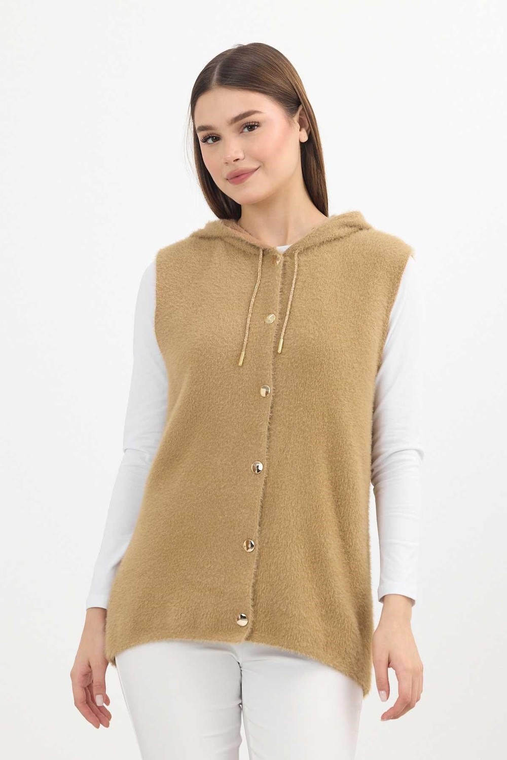 Kadın Yelek-Kapüşonlu Yumoş Yelek 6681 Camel -rulem