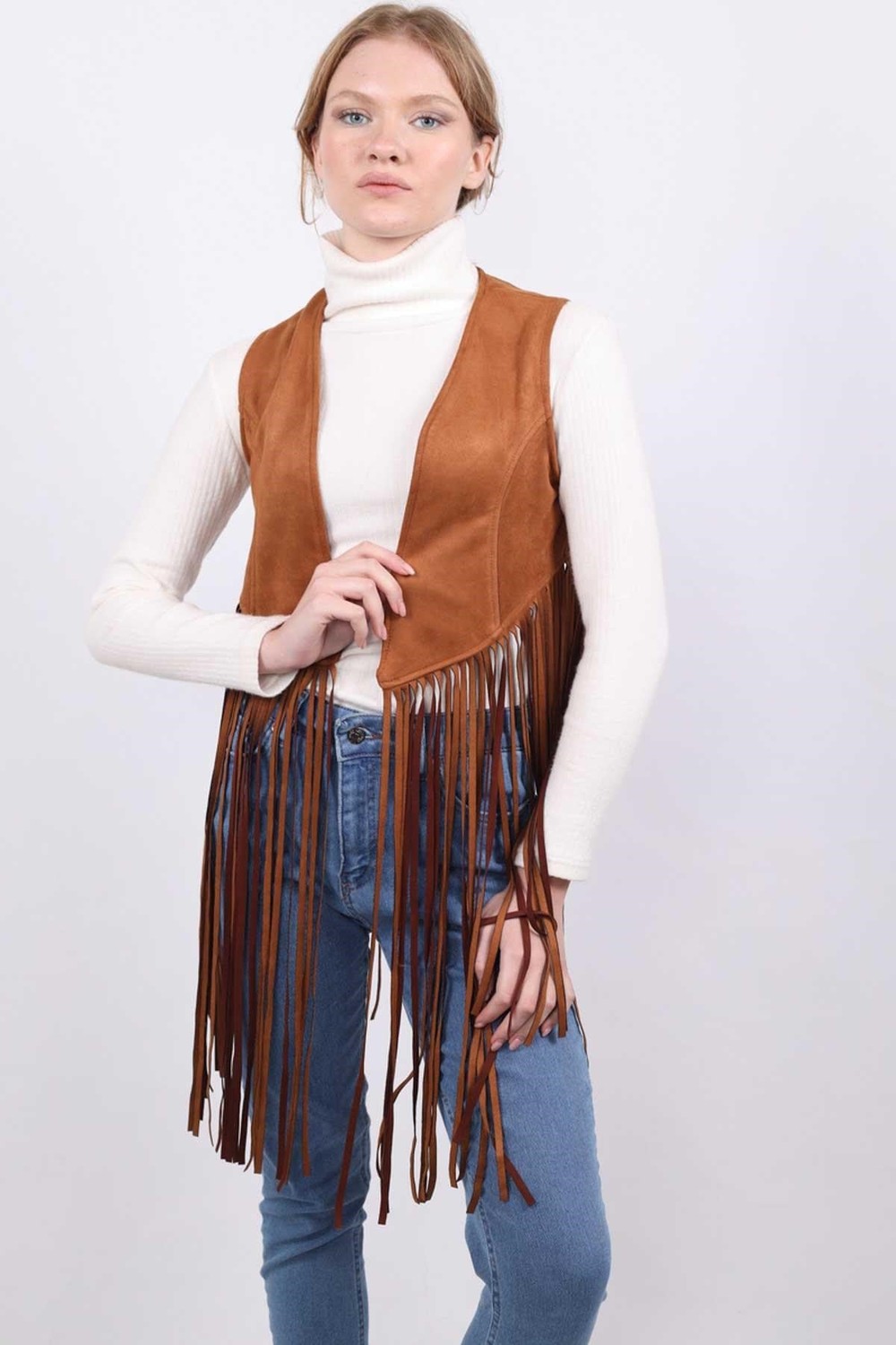 Kadın Yelek-Püsküllü Yelek 5018 Taba -rulem
