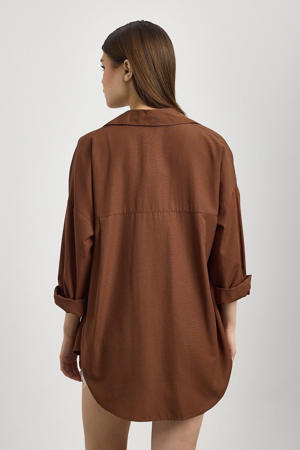 Kahve Çift Cepli Oversize Uzun Basic Gömlek TCR 6256A