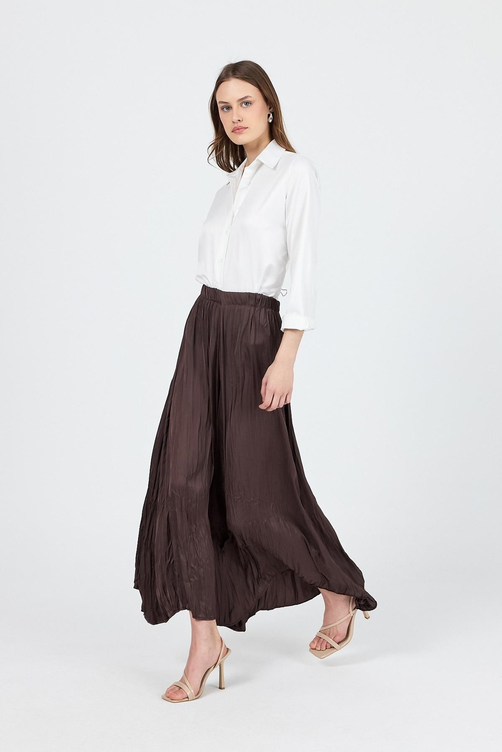Kahve Kraşlı Kırışık Kumaş Etek 9470