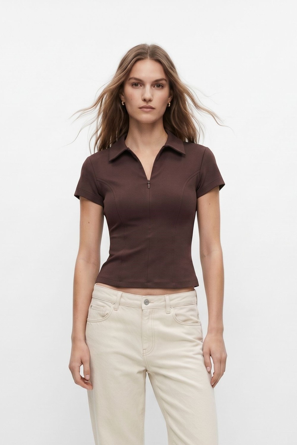 Kahve Polo Yaka Kısa Kol Crop Tişört 26651