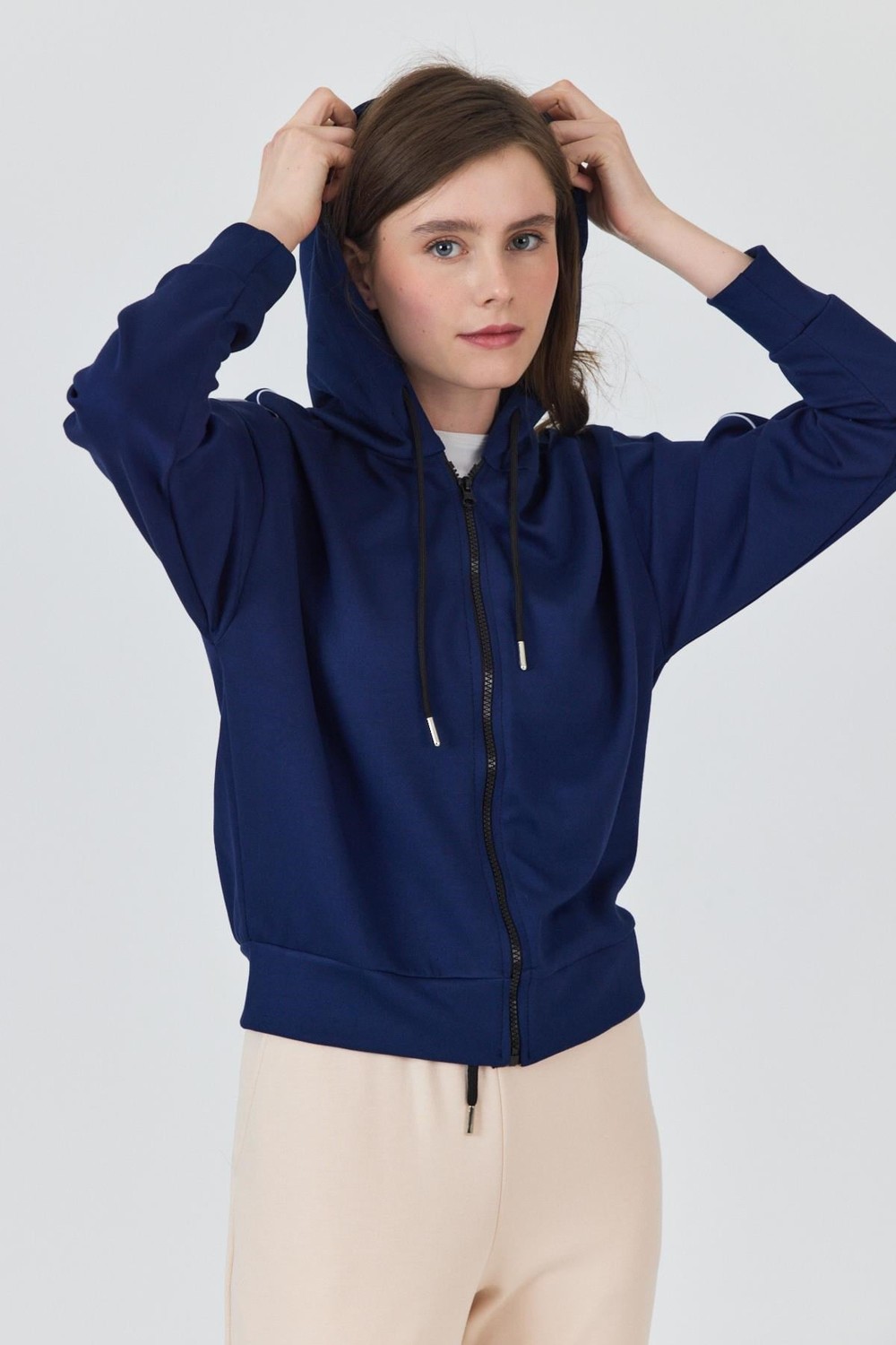 Laci Fermuarlı Kapüşonlu Şerit Detaylı Sweatshirt 3045