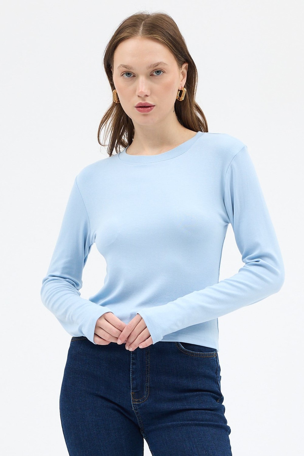 Mavi Premium/Viskoz Yumuşak Kumaşlı Parmak Geçmeli Crop Bluz 8162A