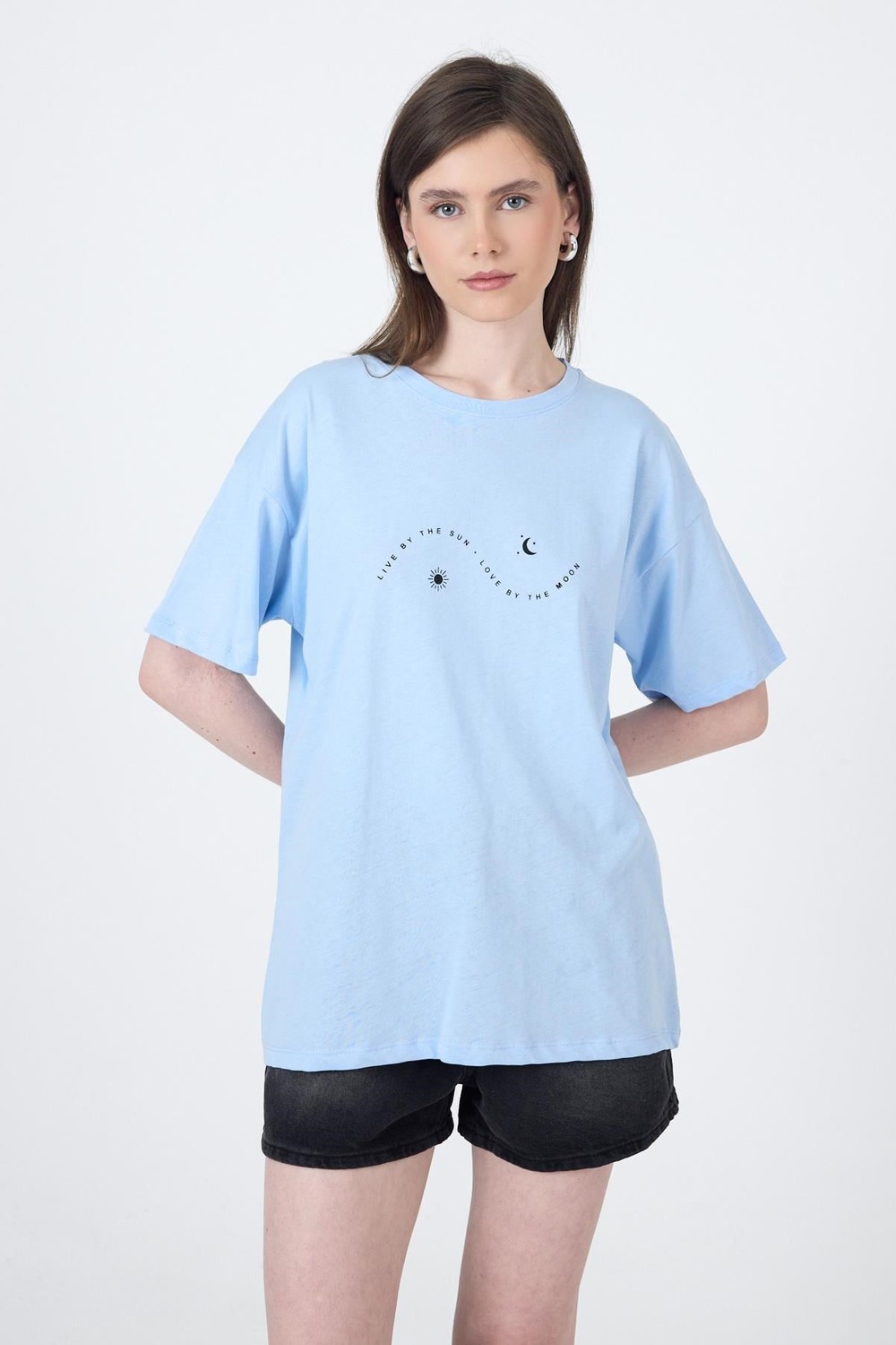 Mavi Yazı Baskılı Oversize Pamuklu Tişört 2150-32M