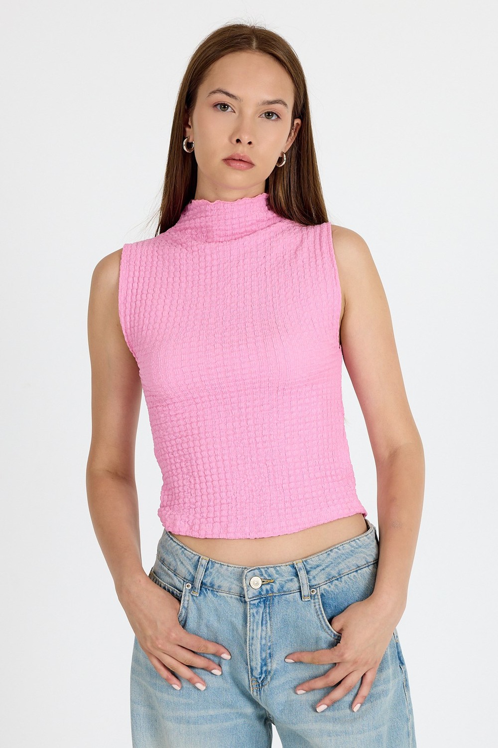 Pembe Bürümcük Kumaş Dik Yaka Kolsuz Bluz 3458