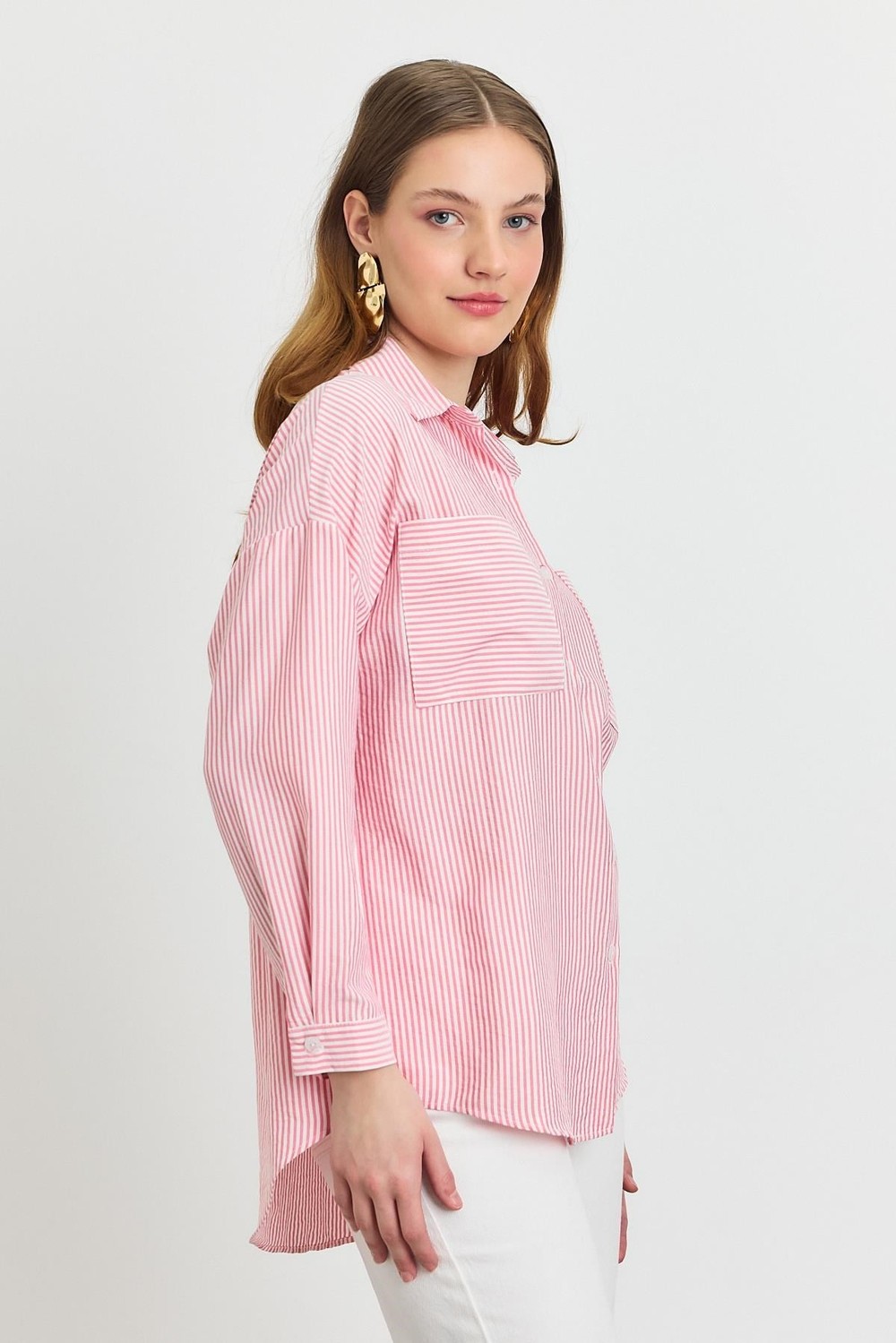 Pembe Çizgili Cepli Gömlek 4294A