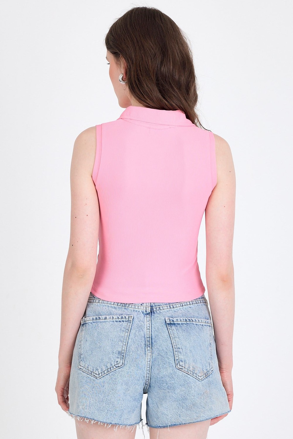 Pembe Düğmeli Polo Yaka Sıfır Kol Örme Bluz 2219