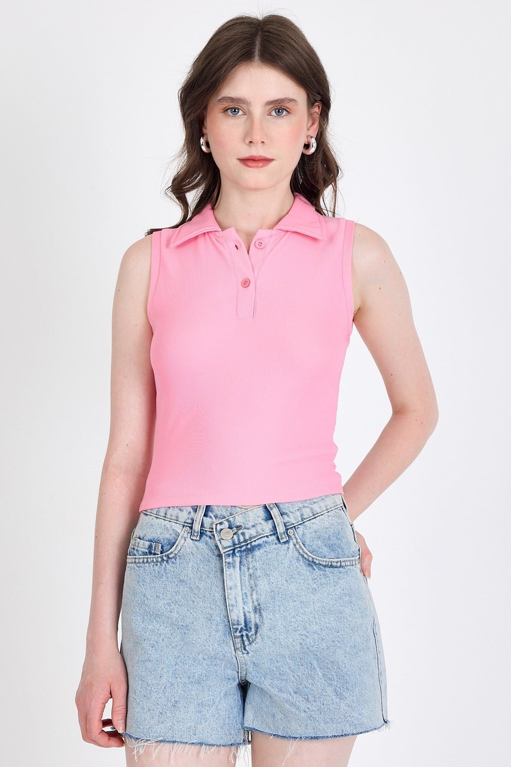Pembe Düğmeli Polo Yaka Sıfır Kol Örme Bluz 2219