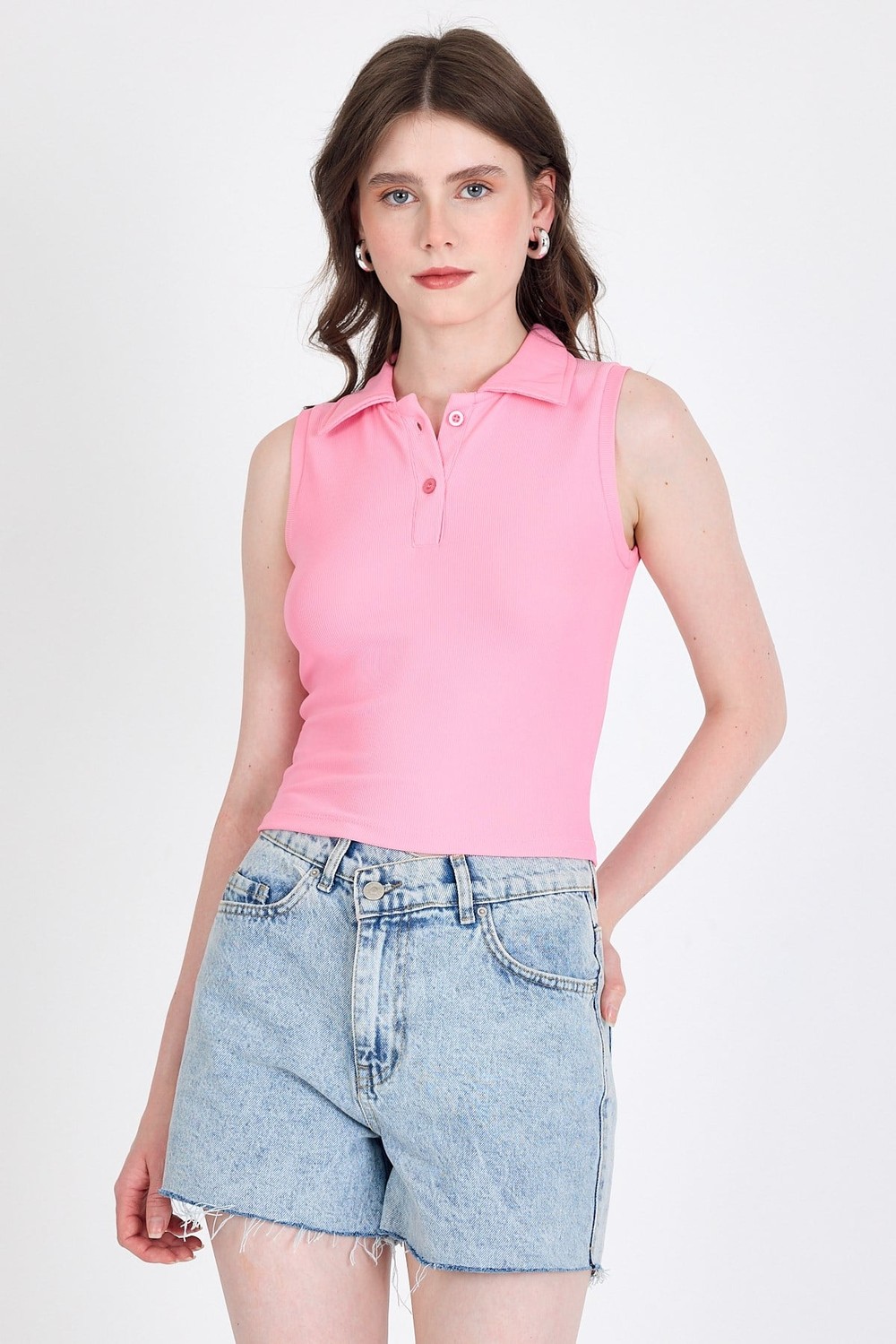 Pembe Düğmeli Polo Yaka Sıfır Kol Örme Bluz 2219