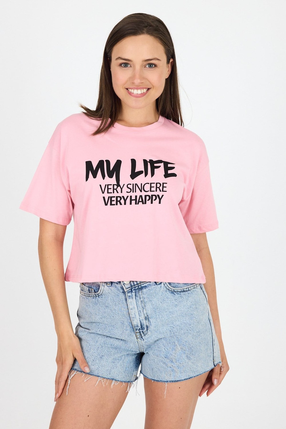 Pembe Yazı Baskılı %100 Pamuk Crop Tişört 9187M