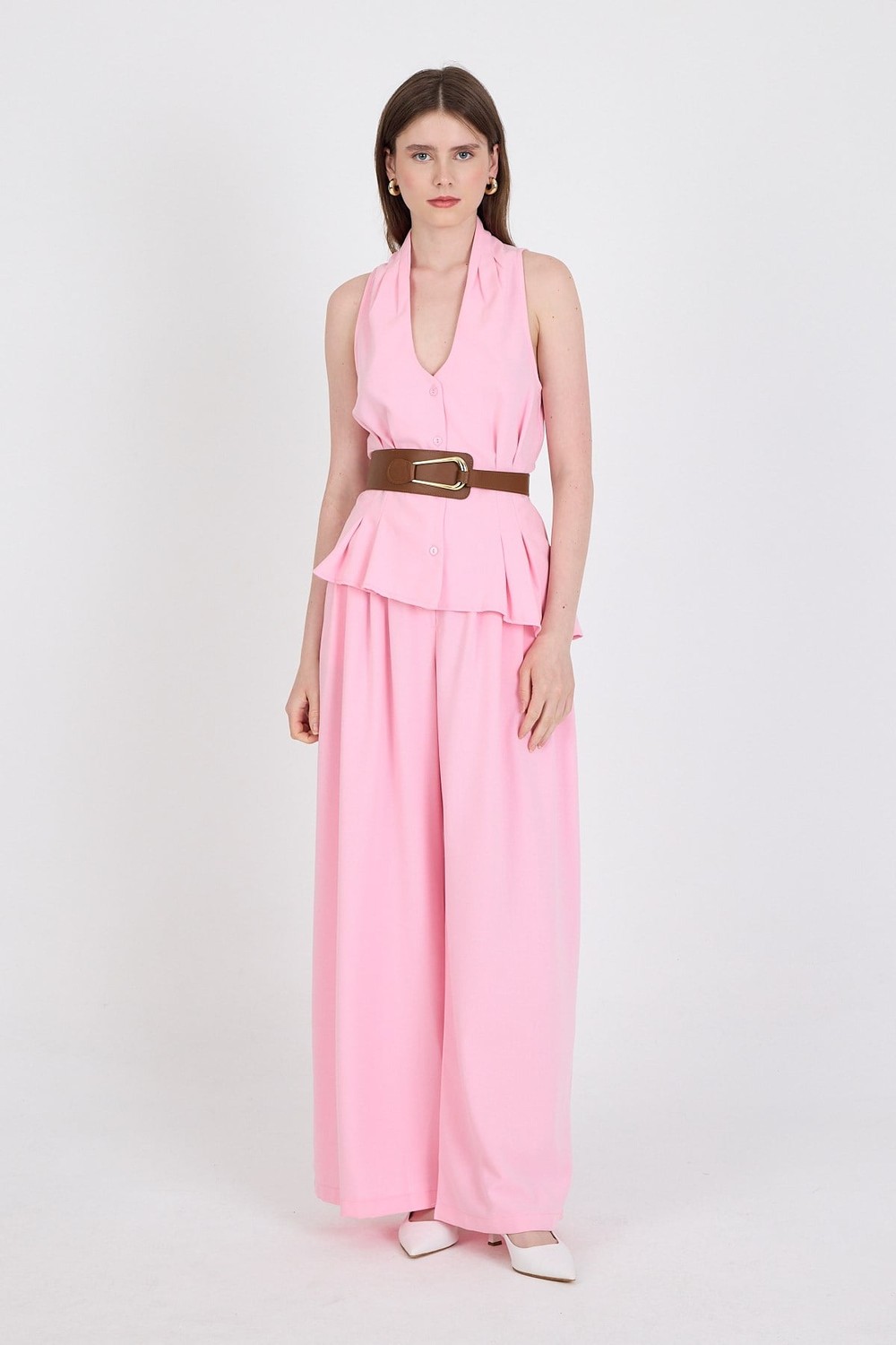 Pembe Yelekli Kemerli Pantolon Takım 5254