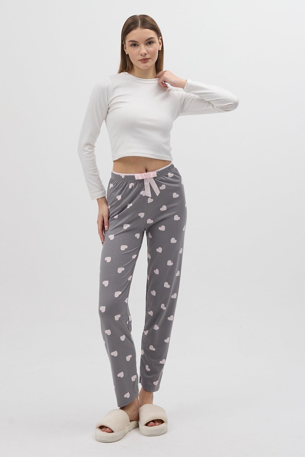 Pijama-Gri Kalp Desenli Kadın Pijama Altı 4530-rulem