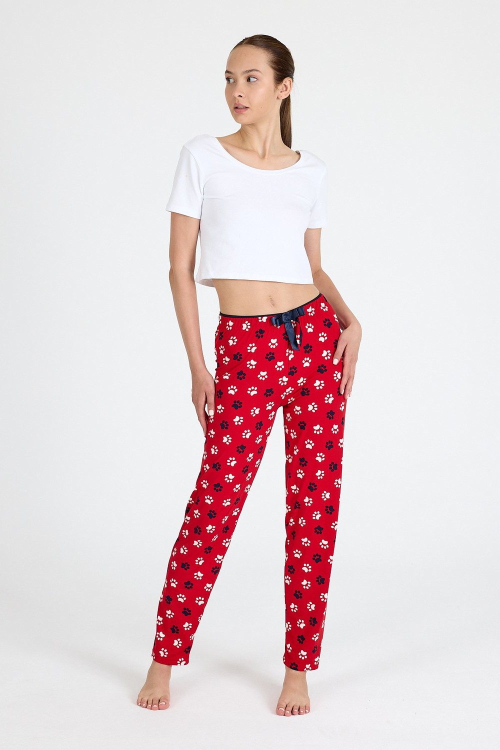 Pijama-Kırmızı Pati Desenli Pijama Altı 4524-rulem