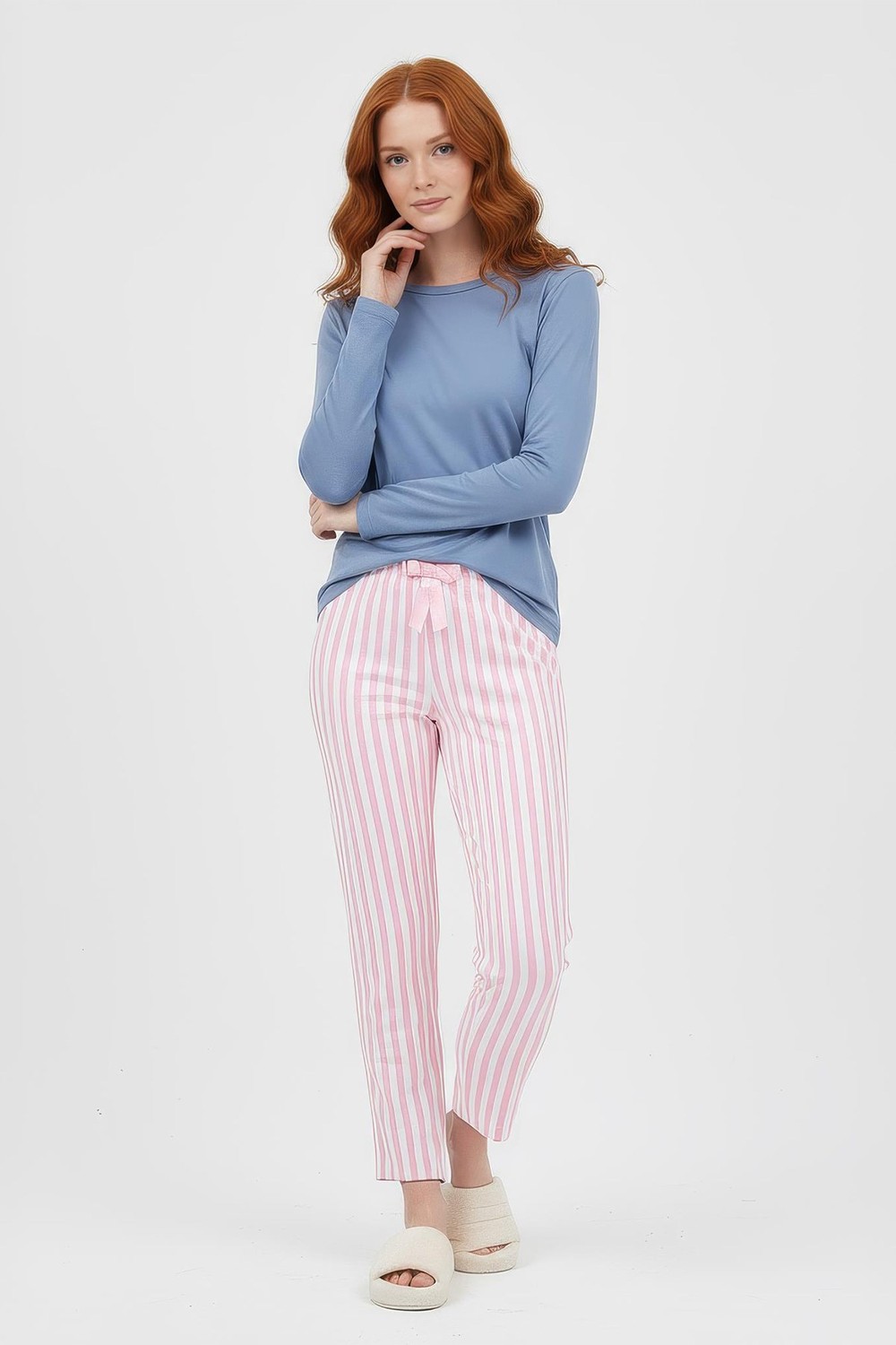 Pijama-Pembe Çizgi Desenli Lastik Bel Kadın Pijama Altı 4527-rulem