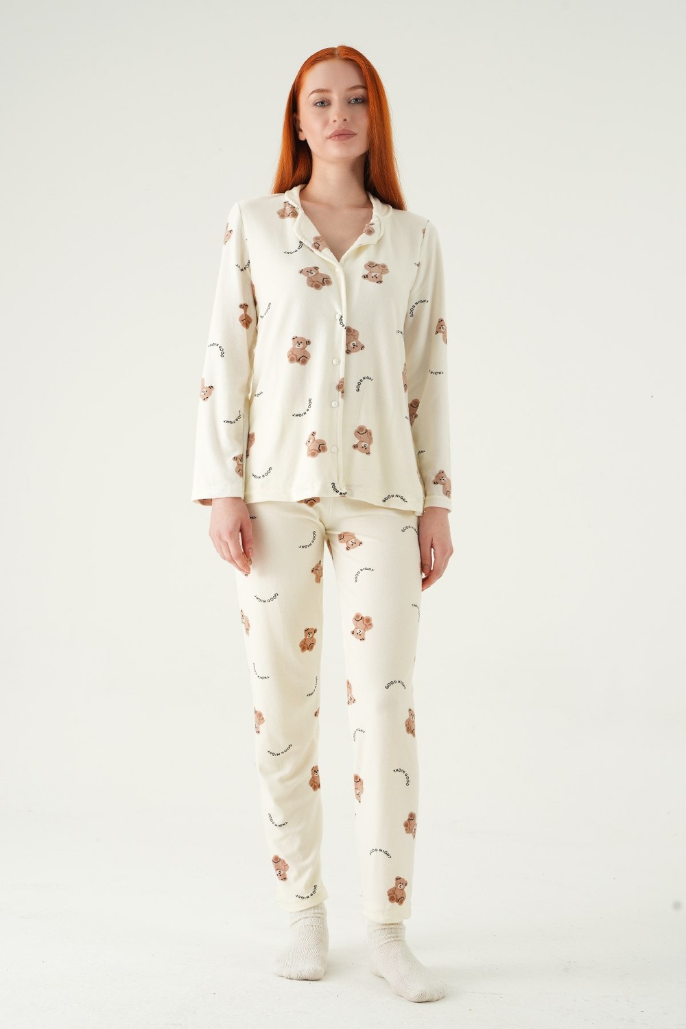 Pijama Takım-Ayıcık Desen Düğmeli Pijama Takımı 3421 Krem -rulem