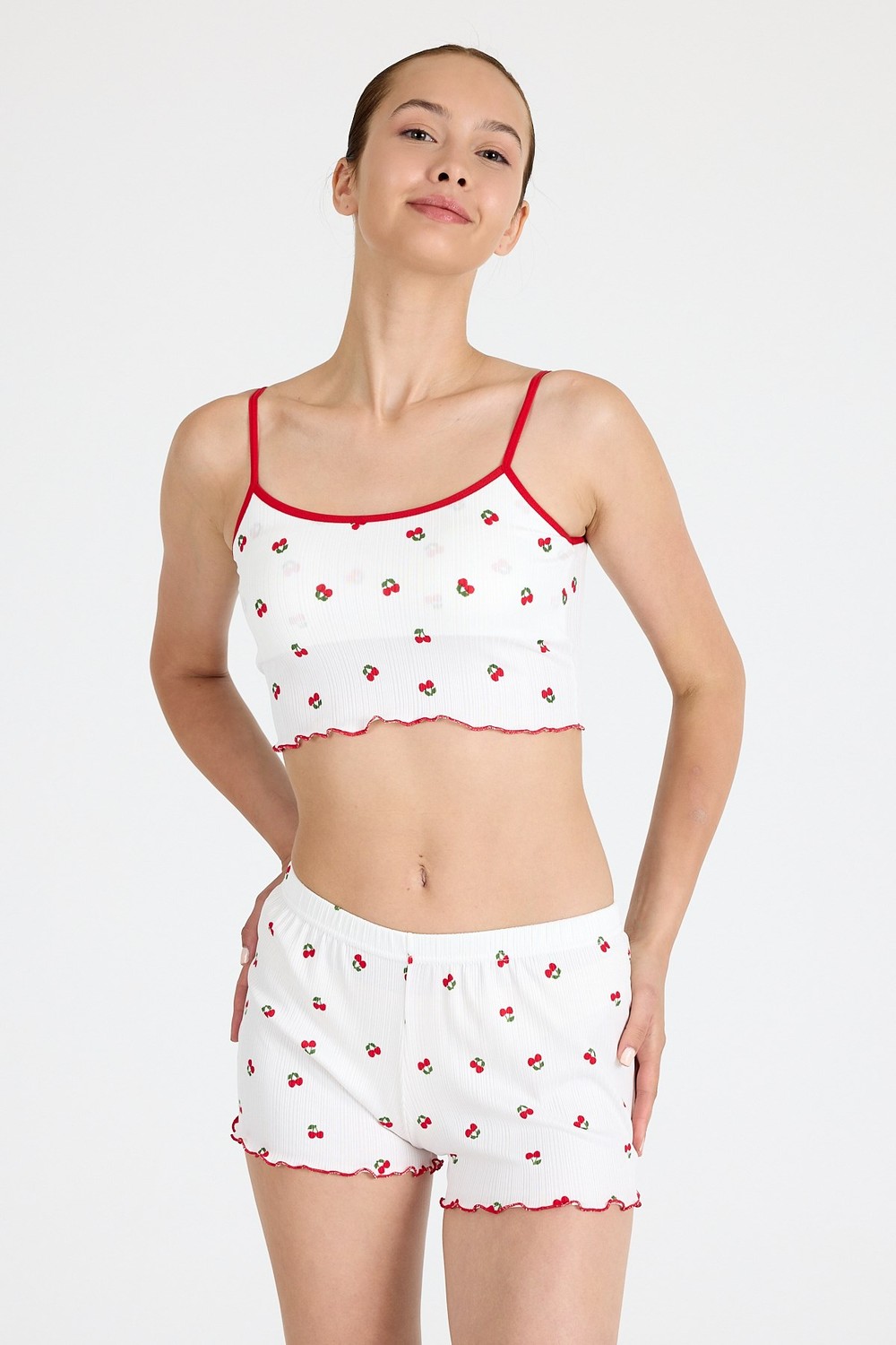Pijama Takım-Beyaz Kiraz Desenli Atlet Şort Takım 3403-rulem