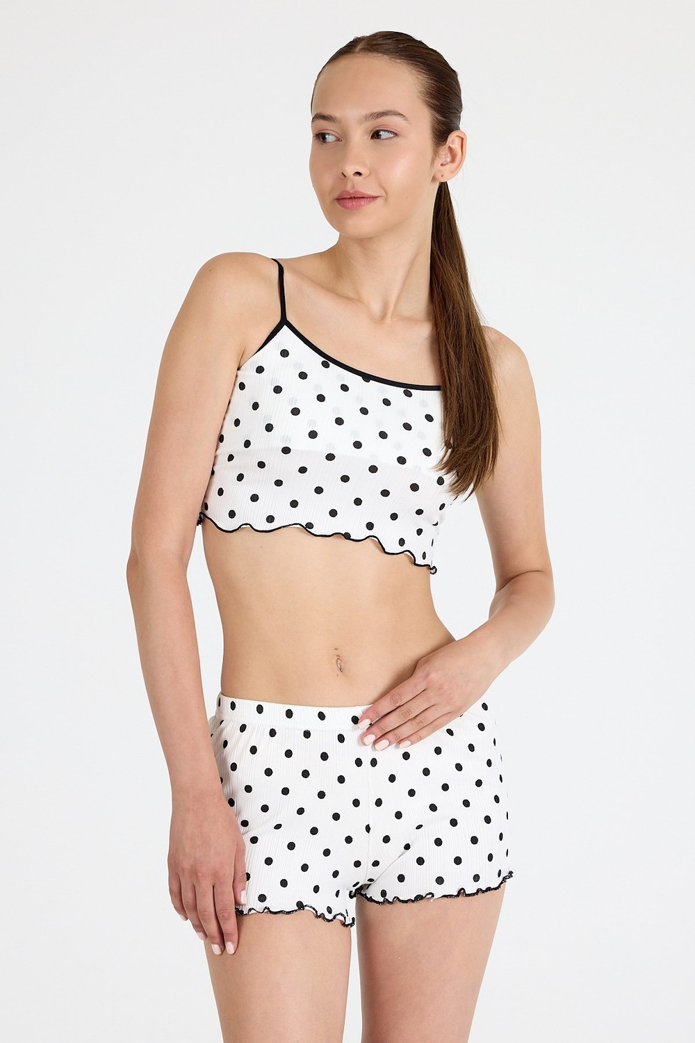 Pijama Takım-Beyaz Puantiye Desenli Atlet Şort Takım 3404-rulem