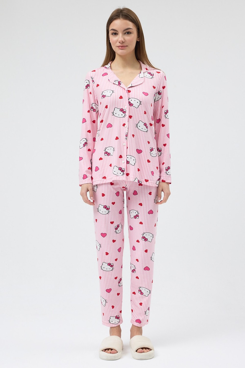 Pijama Takım-Pembe Desenli Düğmeli Kadın Pijama Takımı 3000-rulem