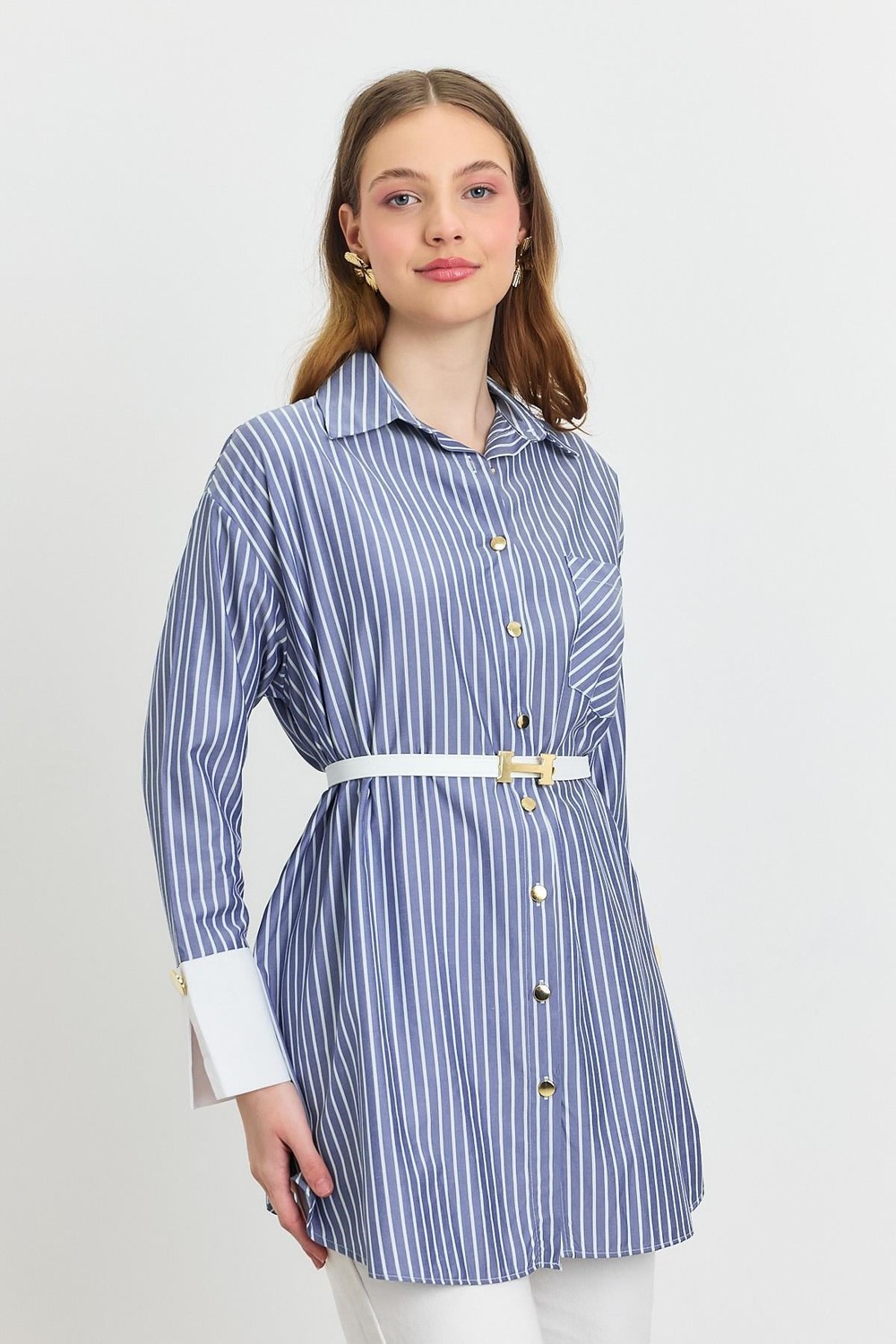Saks Çizgili Kemerli Tunik 4298A