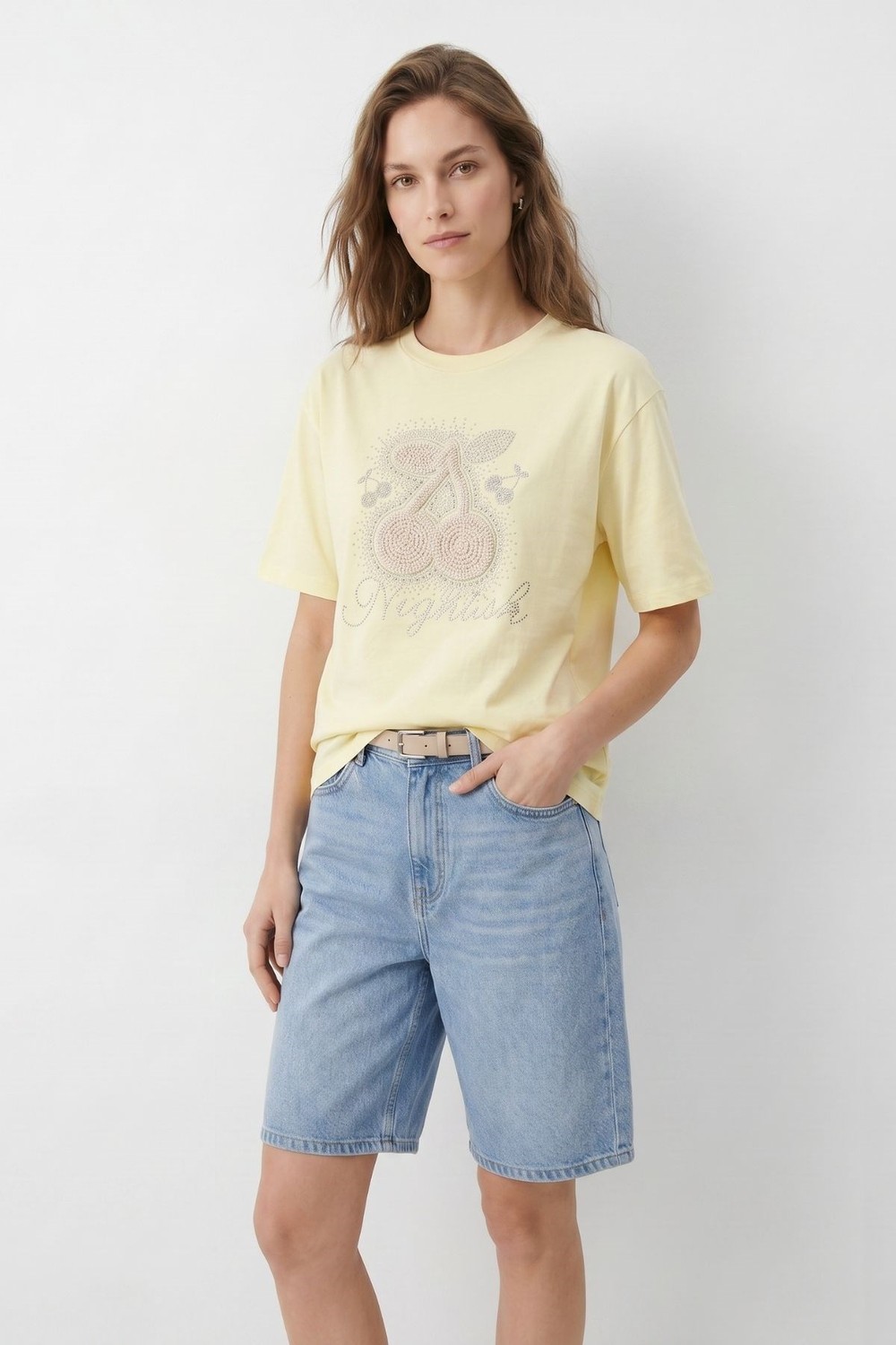 Sarı Taşlı Kiraz Desenli Crop Tişört 26750