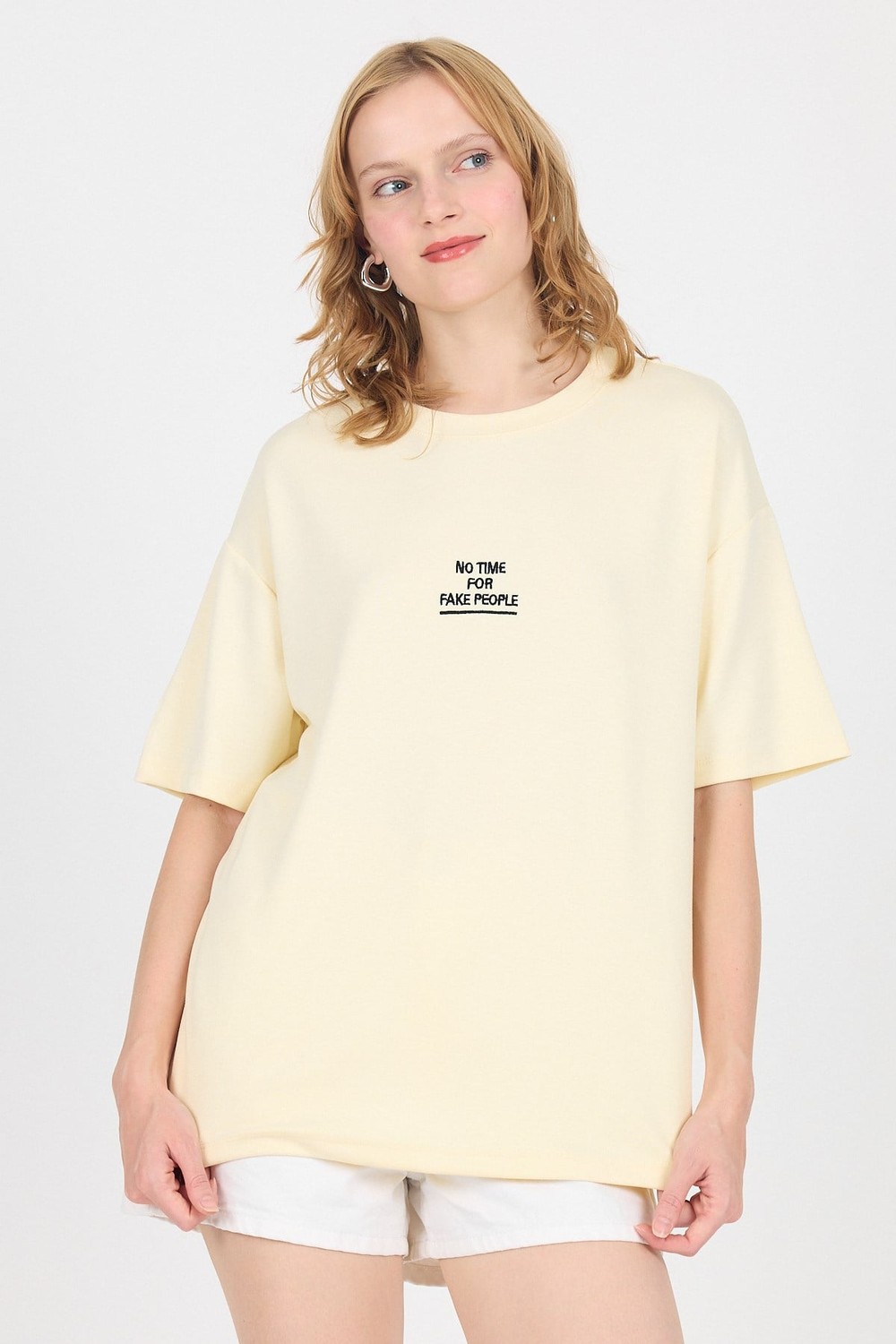 Sarı Yumuşak Dokulu Yazı Baskılı Oversize Tişört 6265