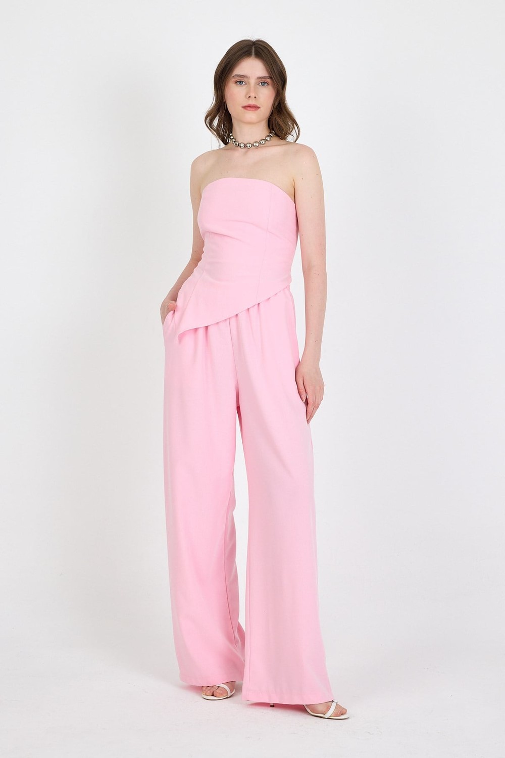Şeker Pembe Straplez Asimetrik Bluz Pantolon Takım 5234