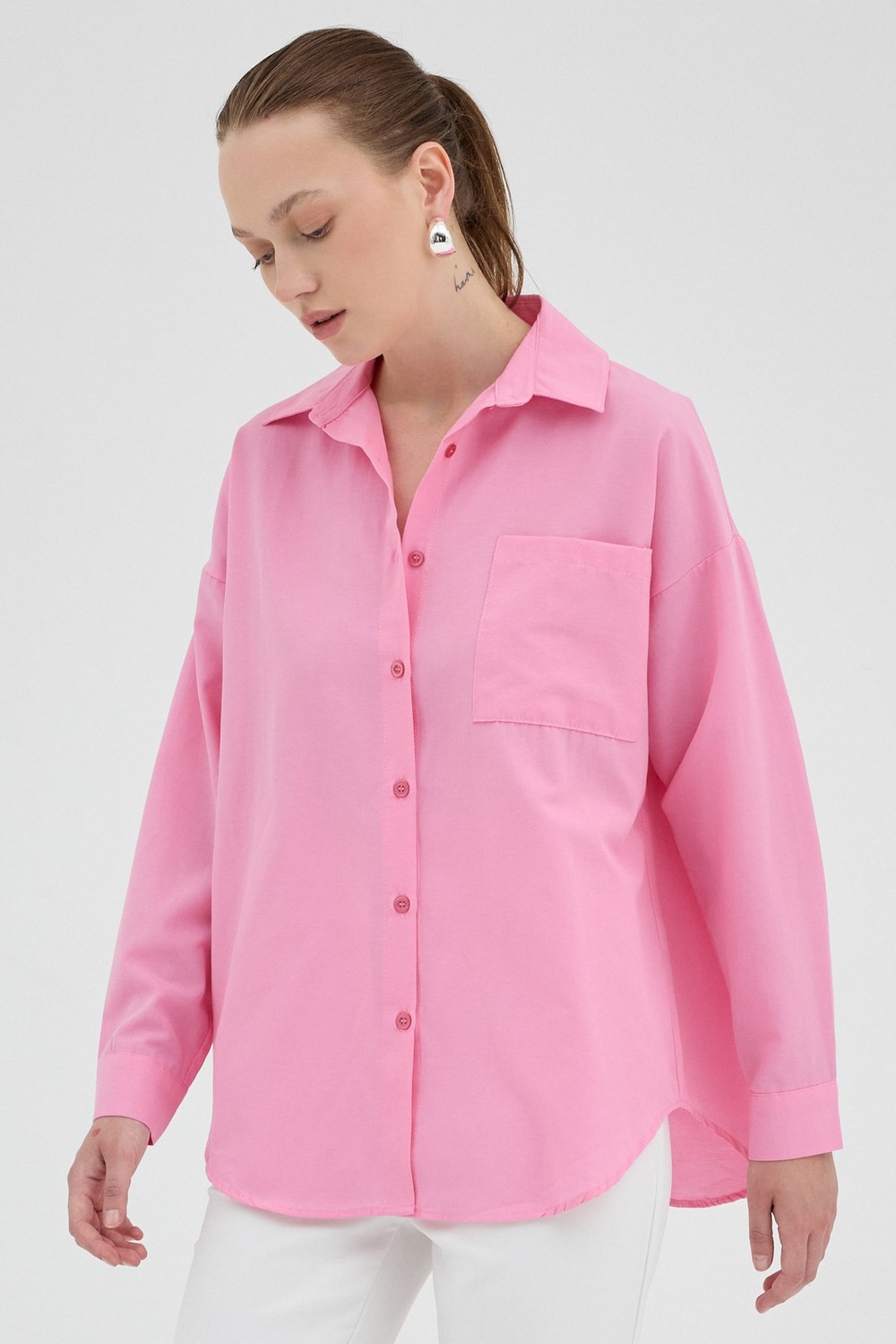 Şeker Pembe Tek Cepli Oversize Gömlek 8158A