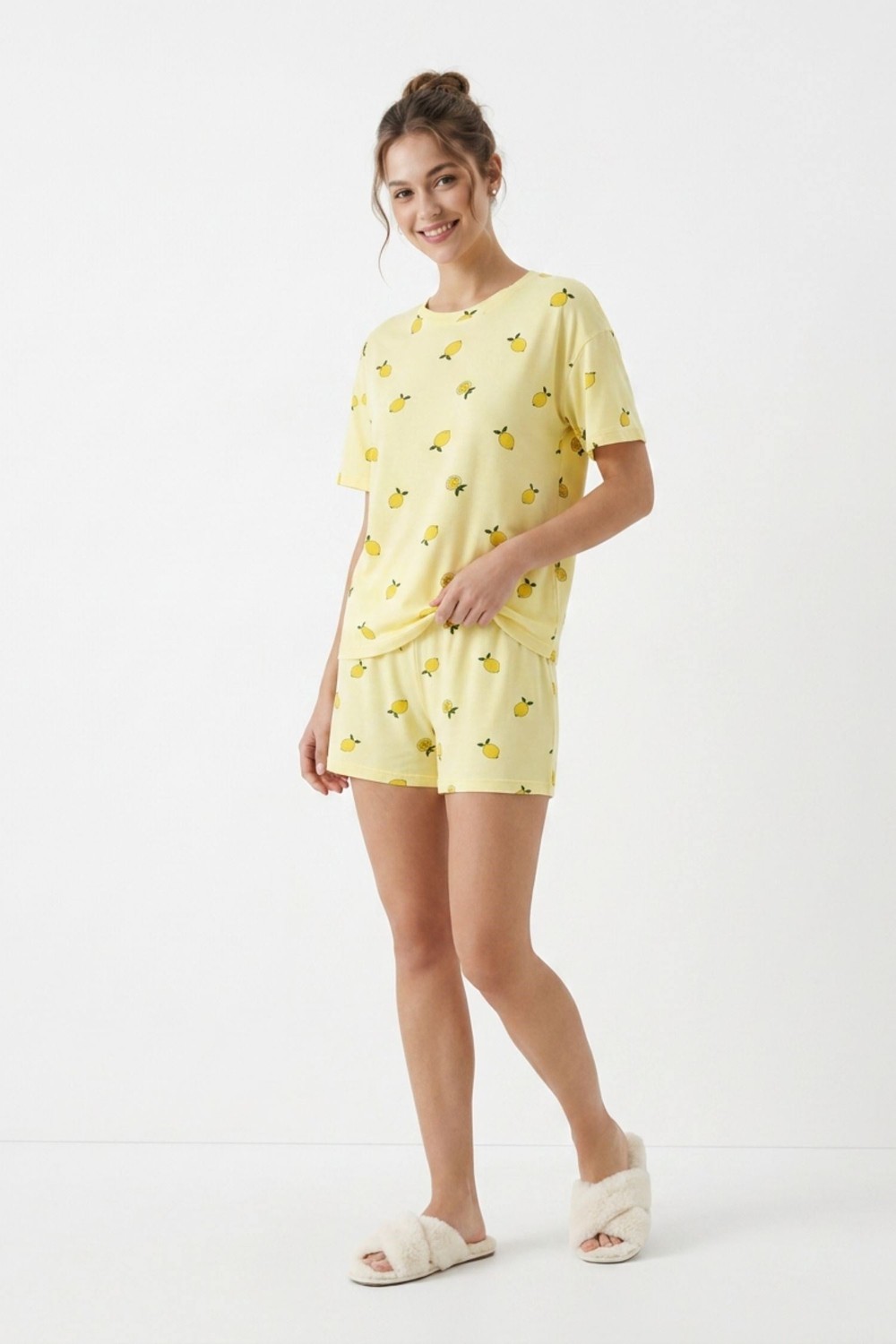 Şort Etek-Limon Desen Pointel Pijama Takımı 5267 Sarı -rulem