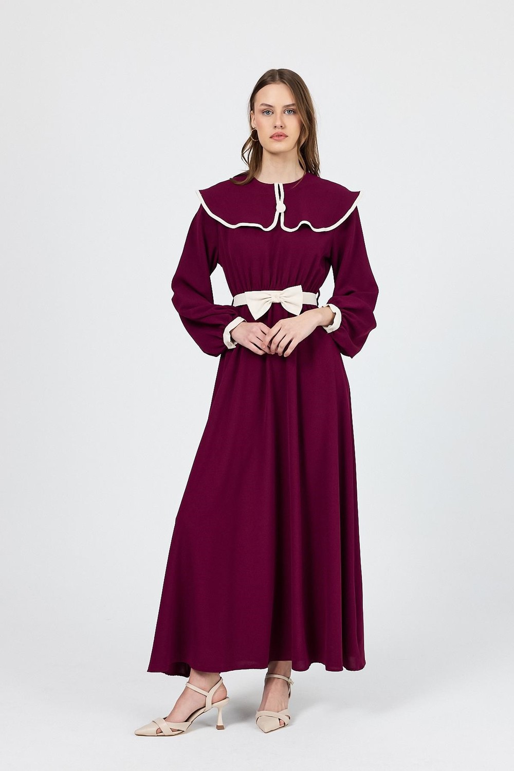 Tesettür Elbise-Bordo Biye Detaylı Bebe Yaka Elbise 4413A-rulem