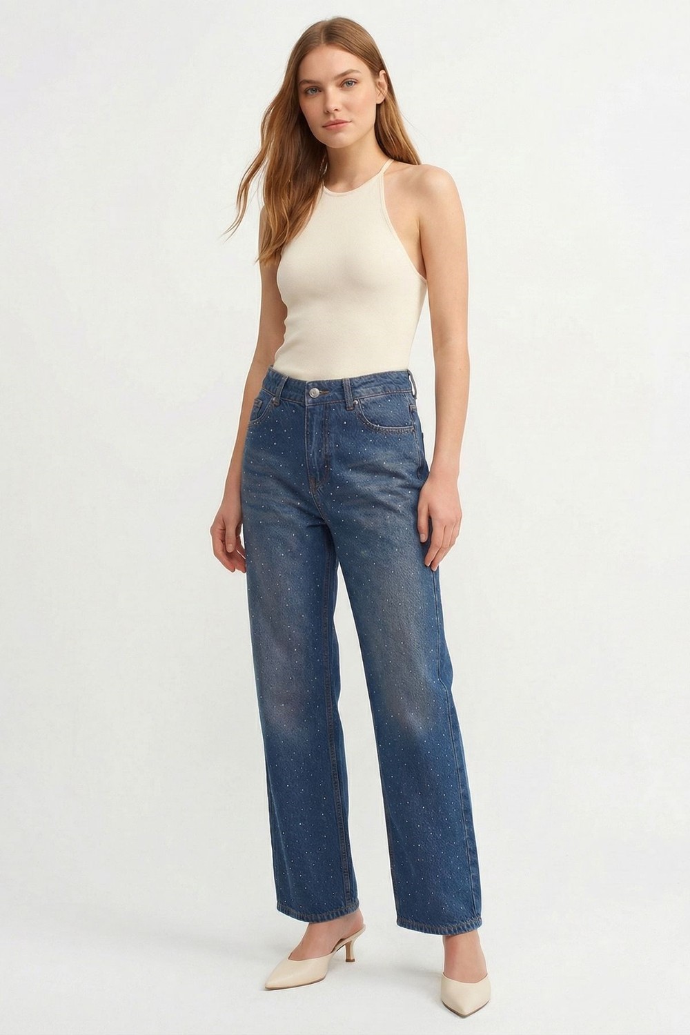 Tint Kahve Yüksek Bel Taşlı Jean 520