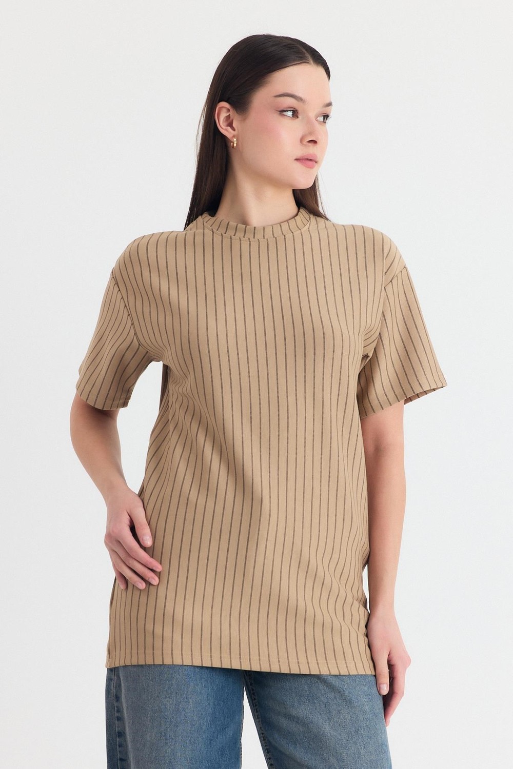 Vizon Çizgili Oversize Tişört 4447A