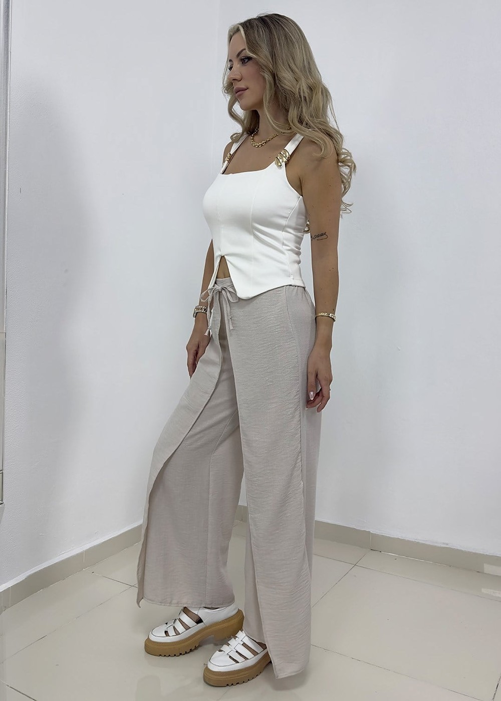 Bağcıklı Bel Detaylı Krep Anvelop Pantolon - Taş
