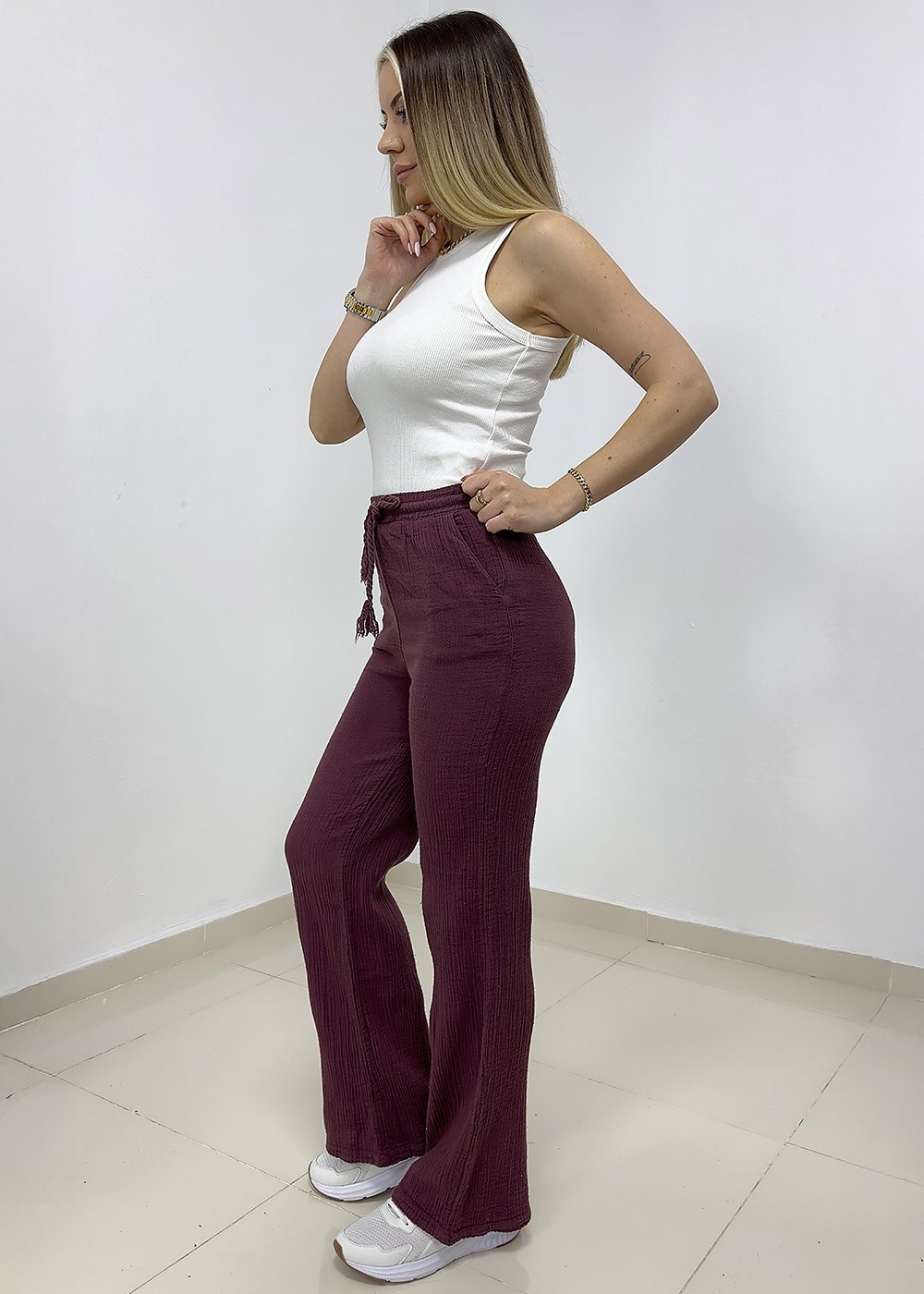 Beli Bağcıklı Müslin Pantolon - Bordo