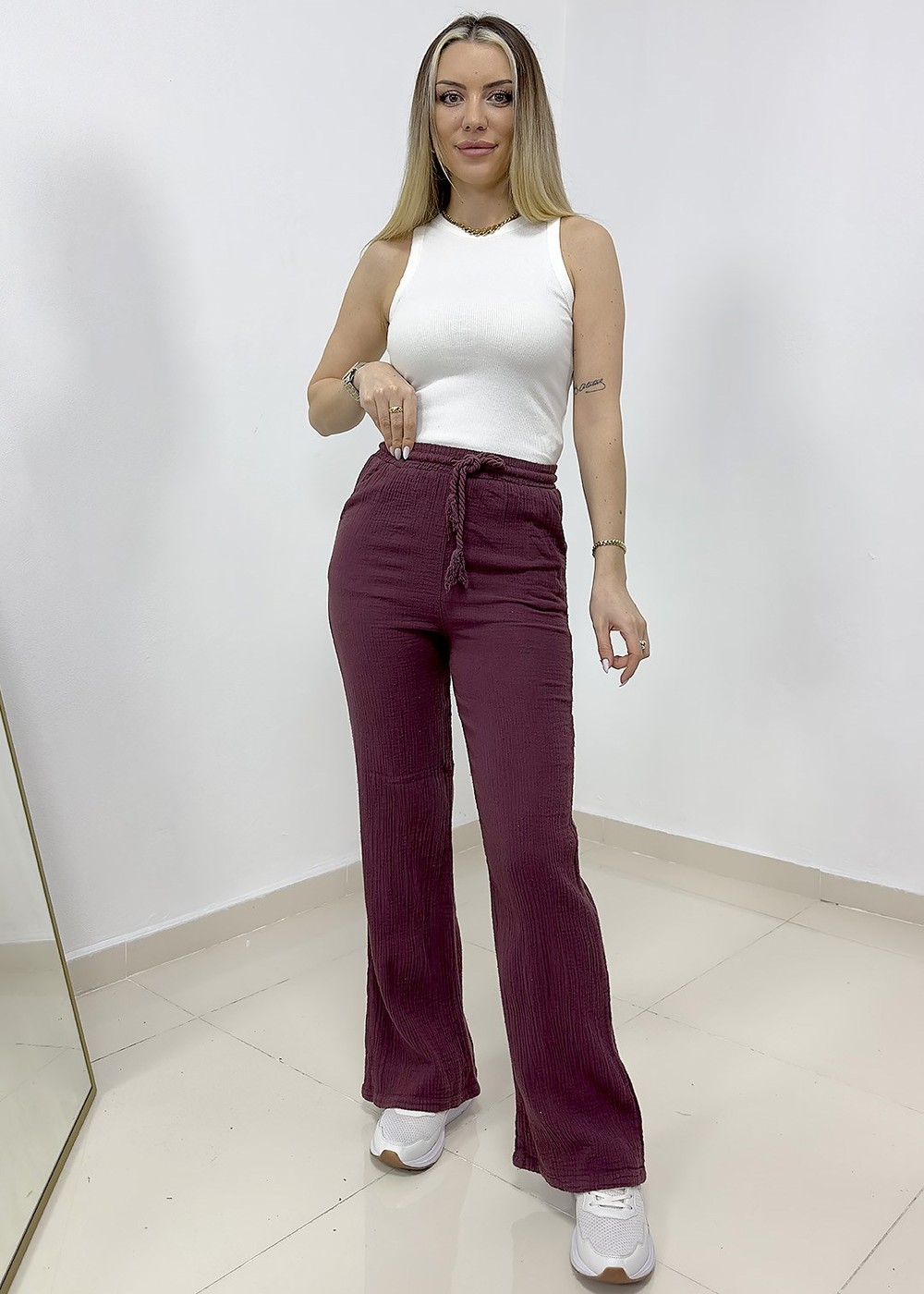 Beli Bağcıklı Müslin Pantolon - Bordo