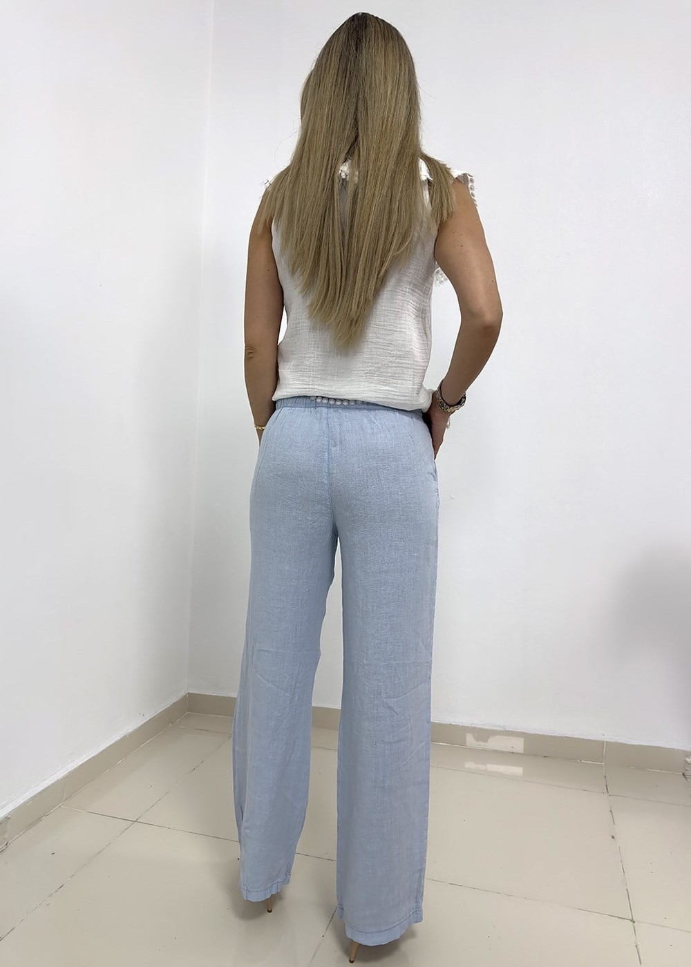 Beli Lastikli İpli Bol Paça Keten Pantolon - Bebe Mavi