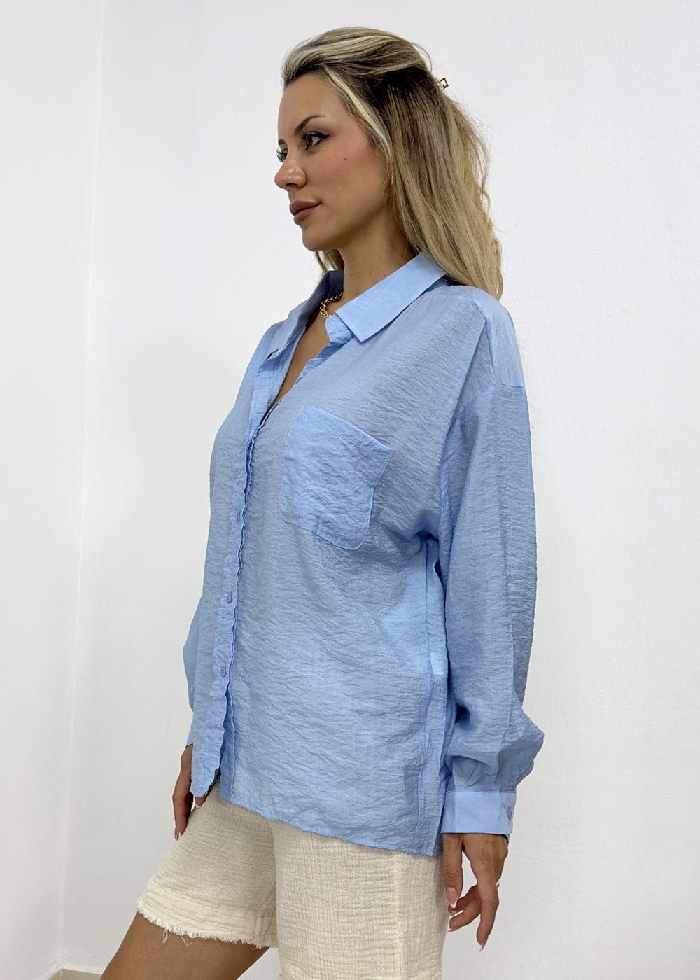 Cepli Oversize Gömlek - Bebe Mavi