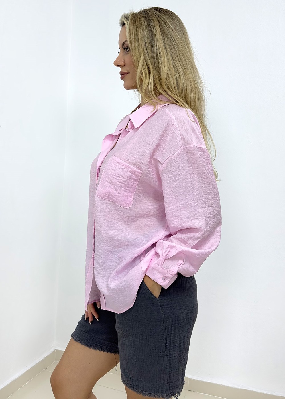 Cepli Oversize Gömlek - Pembe