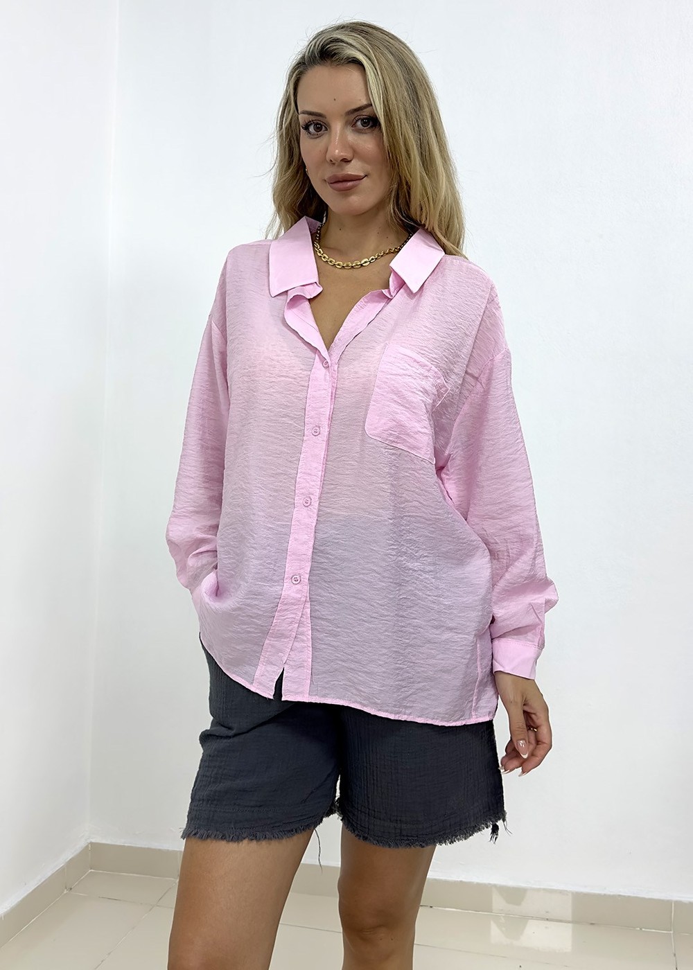 Cepli Oversize Gömlek - Pembe
