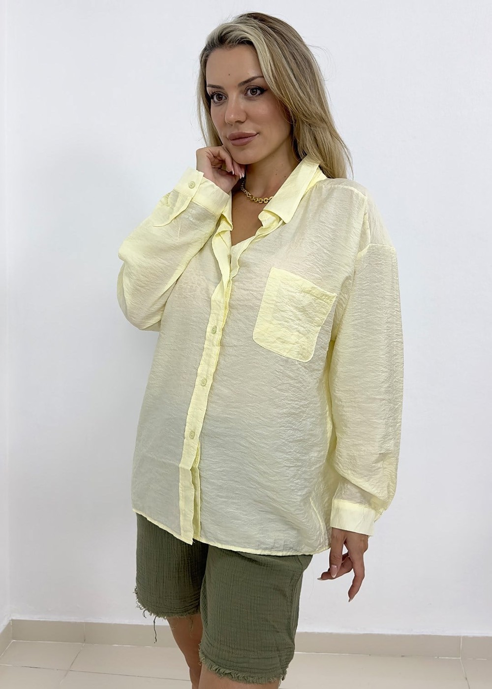 Cepli Oversize Gömlek - Sarı