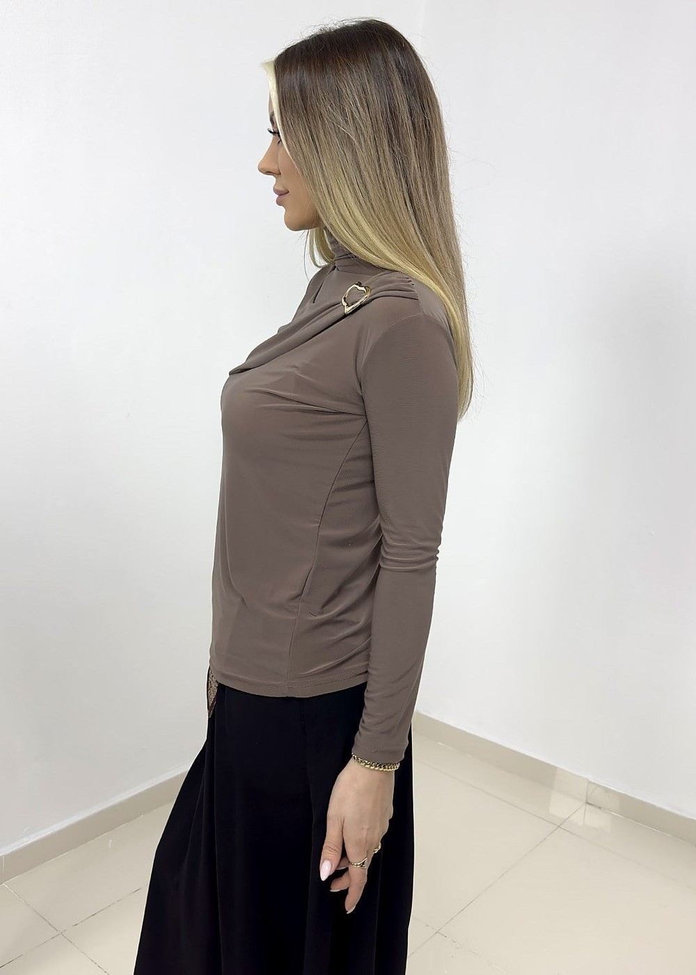 Drapeli Gold Detaylı Bluz - Vizon